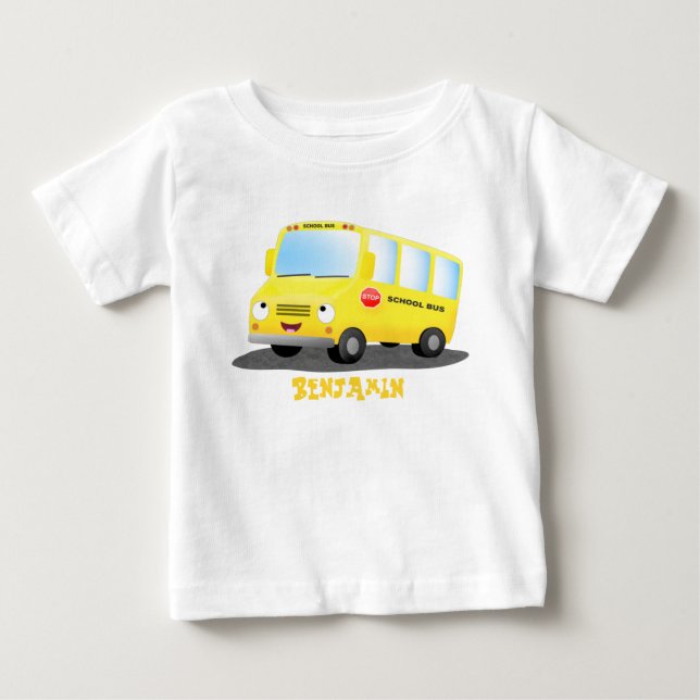 T-shirt Pour Bébé Caricature du bus scolaire jaune joyeux (Devant)