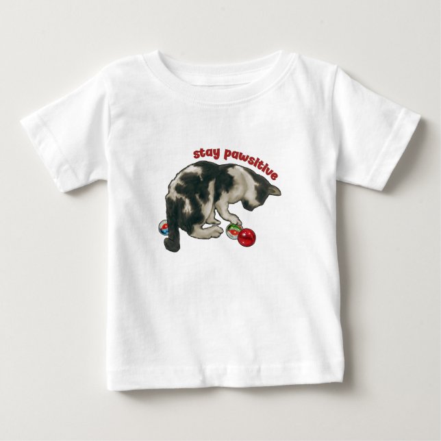 T-shirt Pour Bébé Cat Playing with MARBLES, Stay Pawsitive, Pun (Devant)