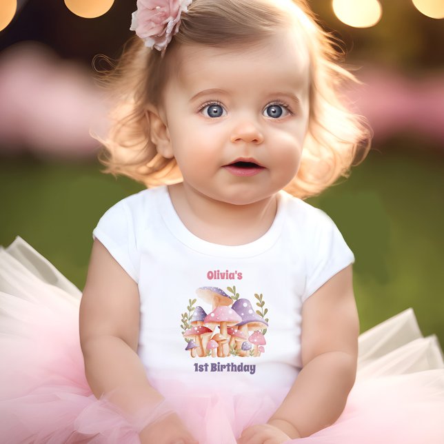 T-shirt Pour Bébé Champignons violets roses automne 1er anniversaire (Pink Purple Mushrooms Fall 1st Birthday Baby Girl Baby T-Shirt)