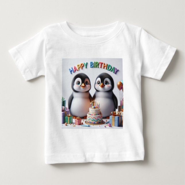 T-shirt Pour Bébé Chandail d'anniversaire bébé avec manchots (Devant)