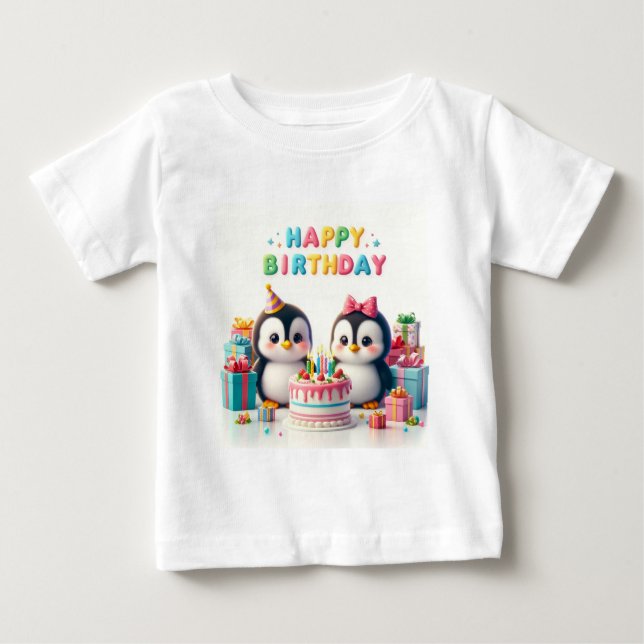T-shirt Pour Bébé Chandail d'anniversaire bébé avec manchots (Devant)