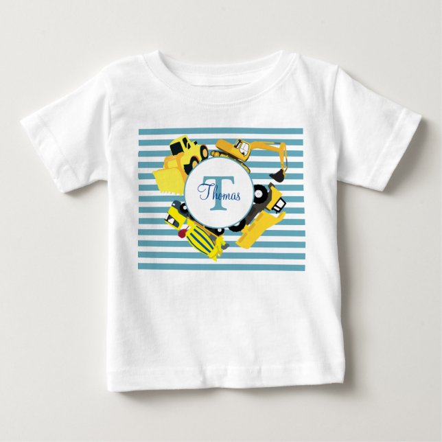 T-shirt Pour Bébé Chariots de construction Bleu rayures Monogramme (Devant)