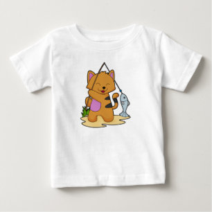 T-shirt Pour Bébé Chat en Fisher avec la baguette de pêche et le poi