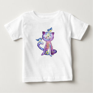 T-shirt Pour Bébé Chat mignon blanc violet avec oiseaux