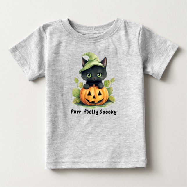 T-shirt Pour Bébé Chat noir Halloween Citrouille Cute Éffrayante (Devant)
