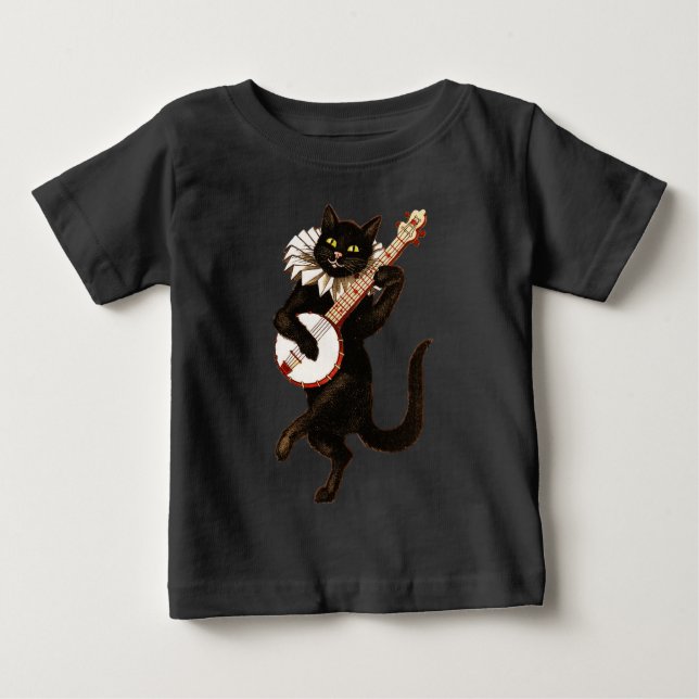 T-shirt Pour Bébé Chat noir jouant le banjo (Devant)