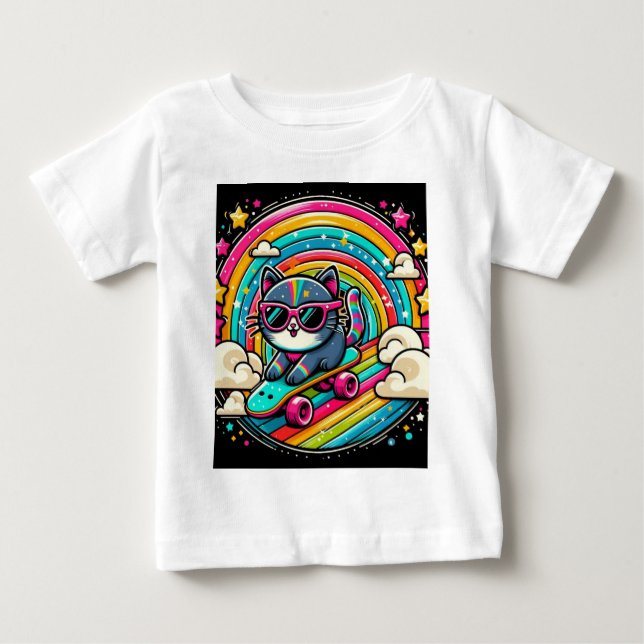 T-shirt Pour Bébé Chat sur un skateboard (Devant)