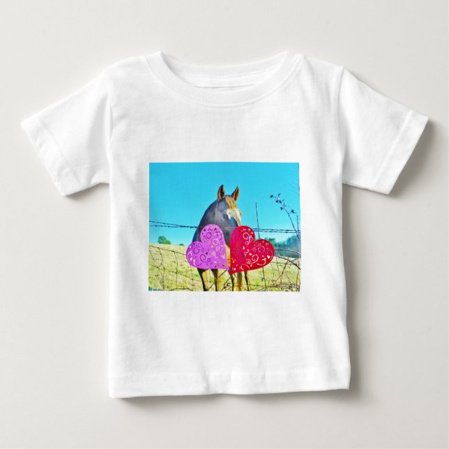 T-shirt Pour Bébé Cheval blanc et Brown Valentine Coeurs (Devant)