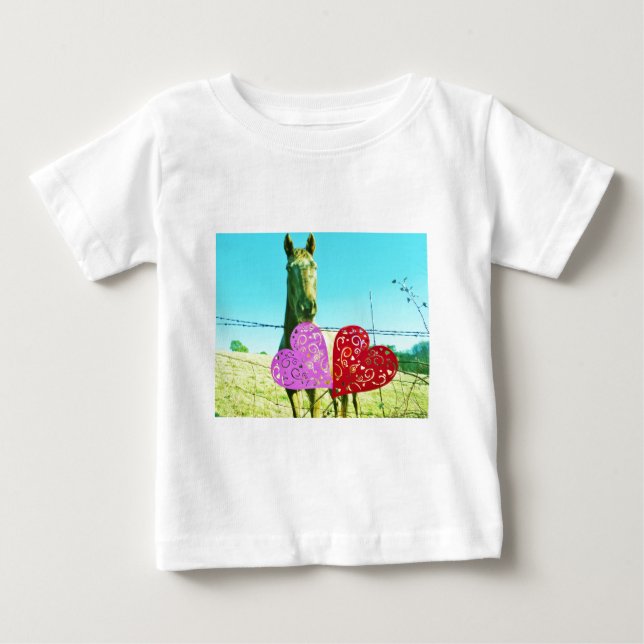 T-shirt Pour Bébé Cheval blond et Coeurs rose et rouge (Devant)