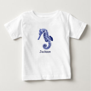 T-shirt Pour Bébé Cheval de mer bleu et blanc