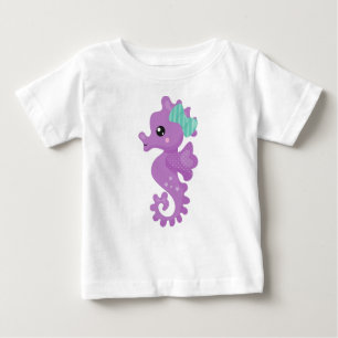 T-shirt Pour Bébé Cheval de mer mignon, Cheval de mer mauve, Ruban, 
