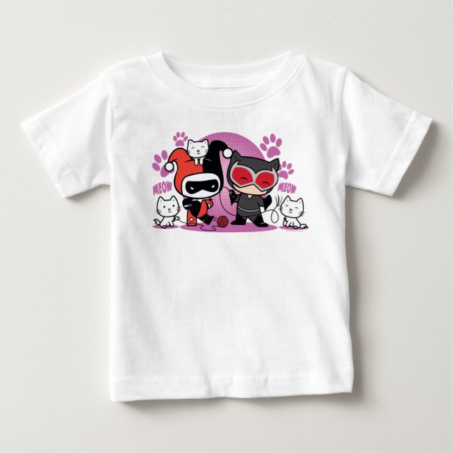T-shirt Pour Bébé Chibi Harley Quinn & Chibi Catwoman Avec Chats (Devant)