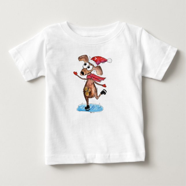T-shirt Pour Bébé Chien de Noël Whimsical sur patins à glace (Devant)