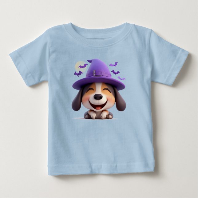 T-shirt Pour Bébé Chien joyeux habillé en Casquette de sorcière (Devant)