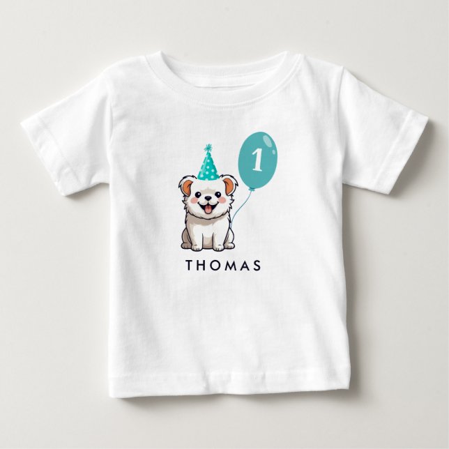 T-shirt Pour Bébé Chien mignon Anniversaire Garçon Bleu Balloon (Devant)