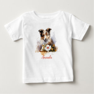 T-shirt Pour Bébé Chiot de berger des Shetland Animal en aquarelle F