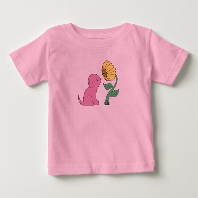 T-shirt Pour Bébé chiot et fleur roses (Devant)