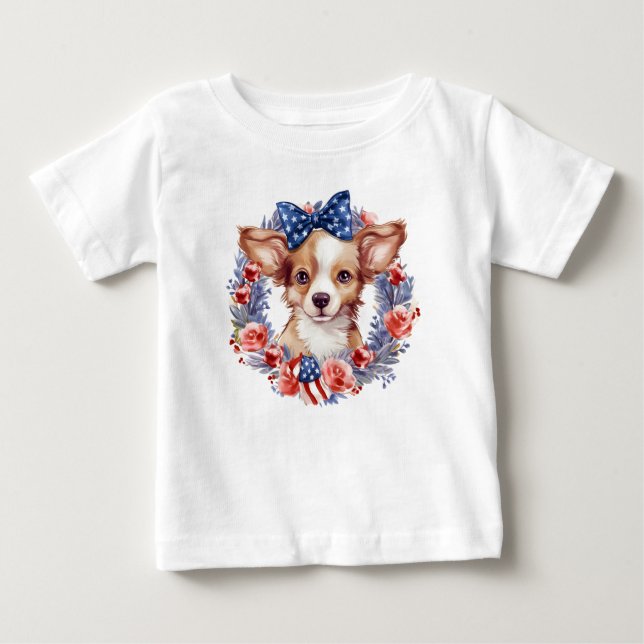 T-shirt Pour Bébé Chiot patriotique 4 juillet fête de l'indépendance (Devant)
