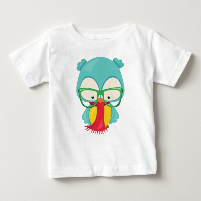 T-shirt Pour Bébé Chouette d'hiver, Hipster Owl, Chouette avec lunet (Devant)