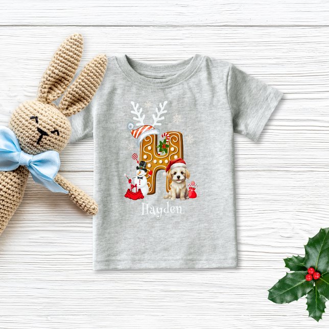 T-shirt Pour Bébé Christmas Puppy Gingerbread Nom Lettre H Boy (Créateur téléchargé)