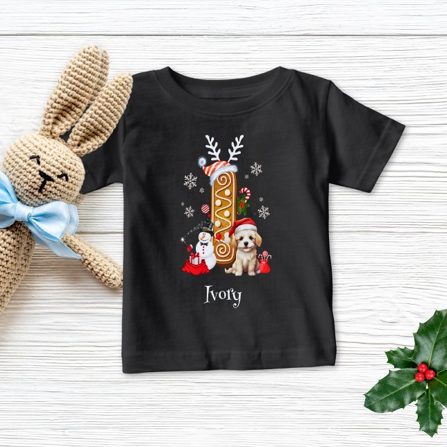T-shirt Pour Bébé Christmas Puppy Gingerbread Nom Lettre I Boy (Créateur téléchargé)