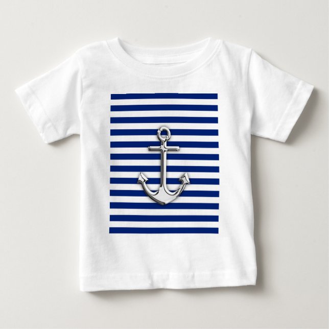 T-shirt Pour Bébé Chrome Anchor on Navy Stripes (Devant)