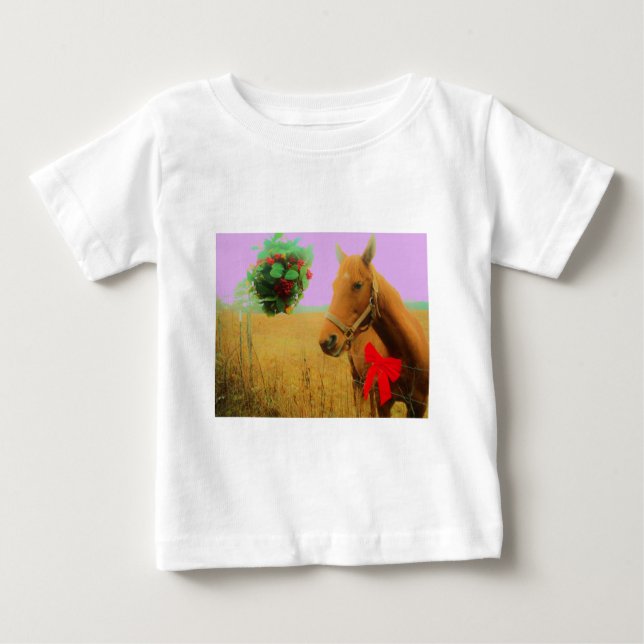T-shirt Pour Bébé Ciel rose rétro Cheval de Noël (Devant)