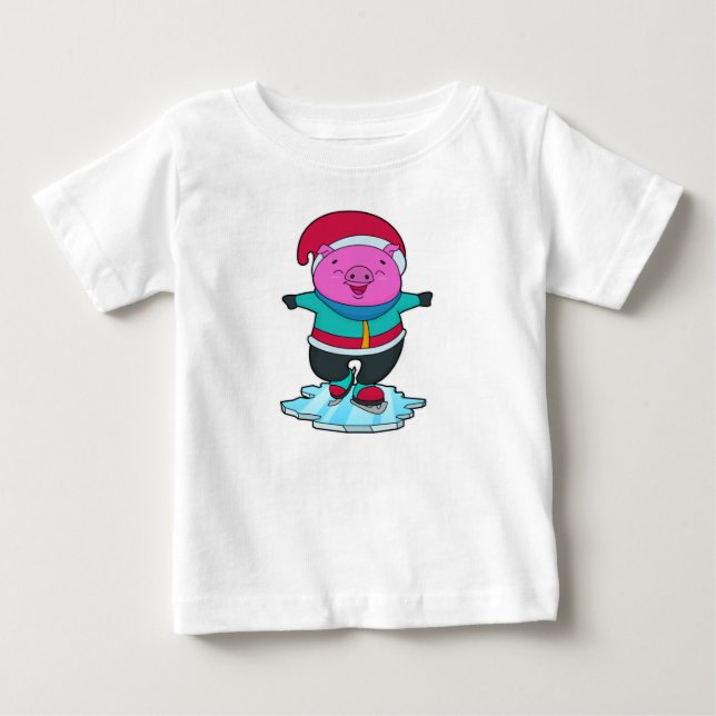 T-shirt Pour Bébé Cochon à Patinage sur glace avec patins sur glace  (Devant)