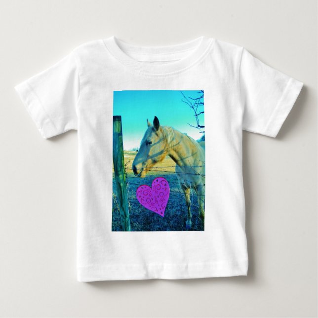 T-shirt Pour Bébé Coeur rose et Cheval jaune (Devant)