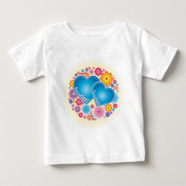 T-shirt Pour Bébé Coeurs Bleus Floral (Devant)