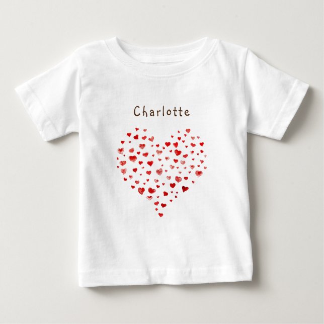 T-shirt Pour Bébé Coeurs d'aquarelle rouge mignonnes avec nom (Devant)