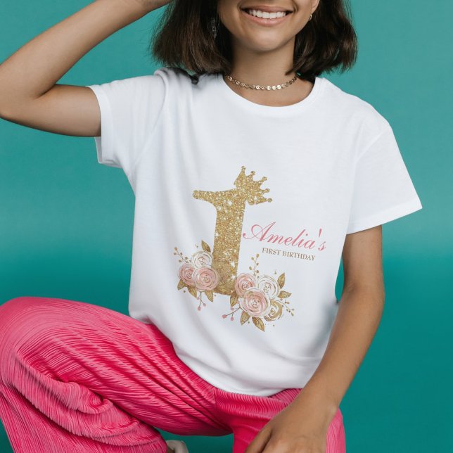 T-shirt Pour Bébé Couronne en or rose Princesse Première fête d'anni (Créateur téléchargé)
