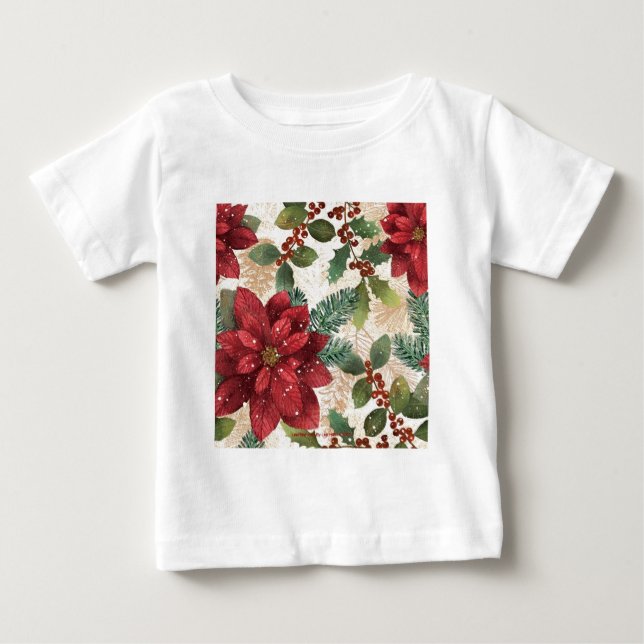 T-shirt Pour Bébé Crème verte rouge Retro les années 50 Poinsettia (Devant)