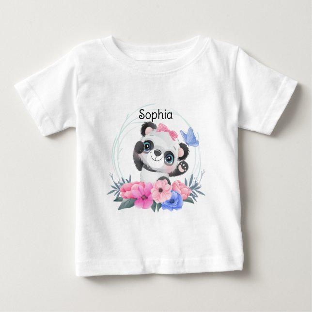 T-shirt Pour Bébé Cute Baby Panda Flower Wreath Nom personnalisé (Devant)
