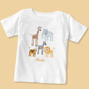 T-shirt Pour Bébé Cute Baby Safari Animal Aquarelle Nom Personnalisé