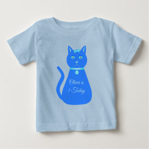 T-shirt Pour Bébé Cute Blue Baby Boy Cat Personnalisé 1er anniversai