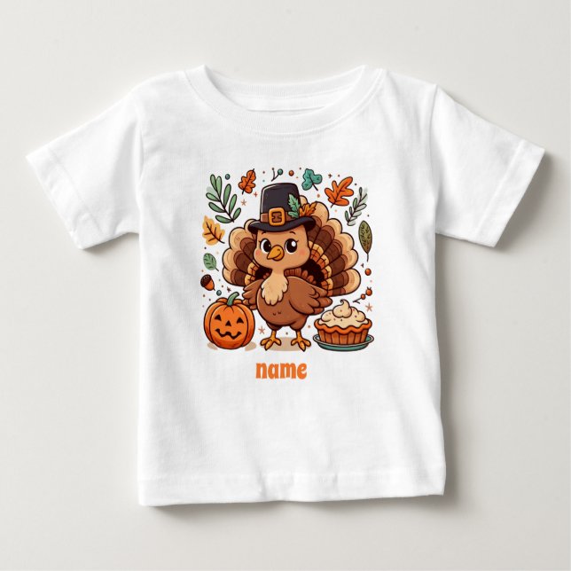 T-shirt Pour Bébé Cute caricature Thanksgiving dinde et citrouille (Devant)