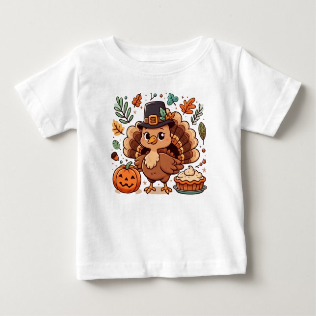 T-shirt Pour Bébé Cute caricature Thanksgiving dinde et citrouille (Devant)