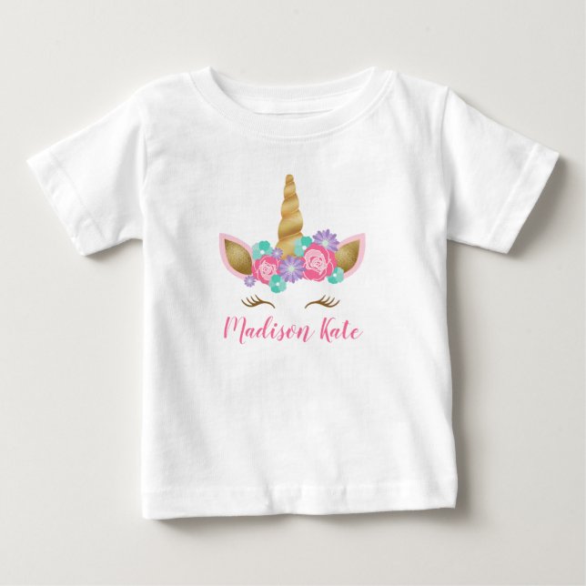 T-shirt Pour Bébé Cute Floral Couronne Unicorn Visage Premier Annive (Devant)