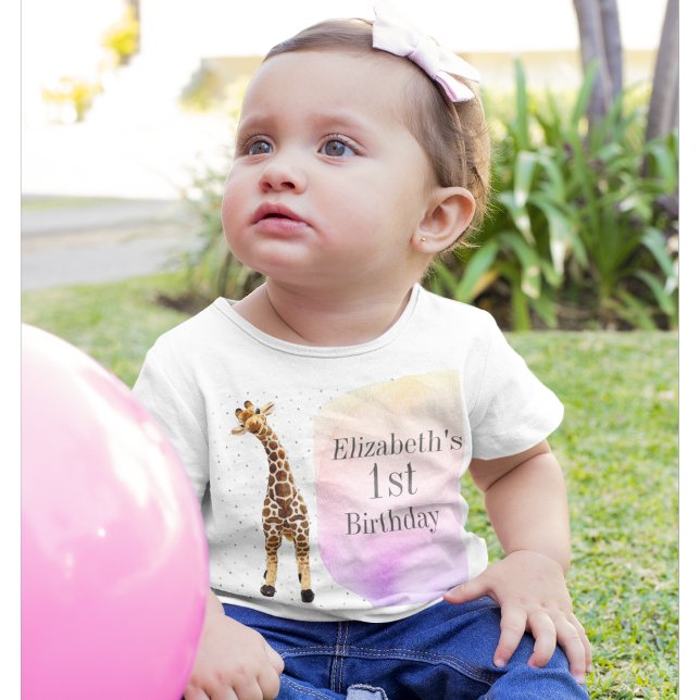T-shirt Pour Bébé Cute Giraffe Safari Wild Pink 1er anniversaire (Créateur téléchargé)