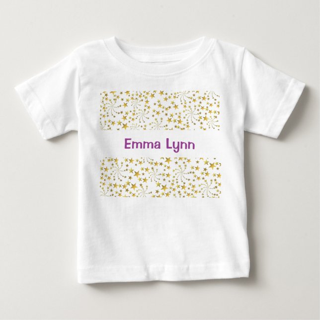 T-shirt Pour Bébé Cute Gold Stars Flower Fireworks Nom personnalisé (Devant)