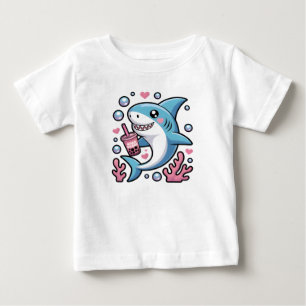T-shirt Pour Bébé Cute Kawaii Bleu Joyeux requin rose bulle thé