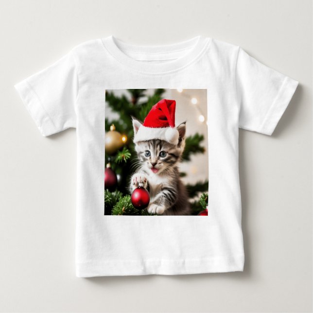 T-shirt Pour Bébé Cute Kitten jouant avec le chat de Noël Tree (Devant)