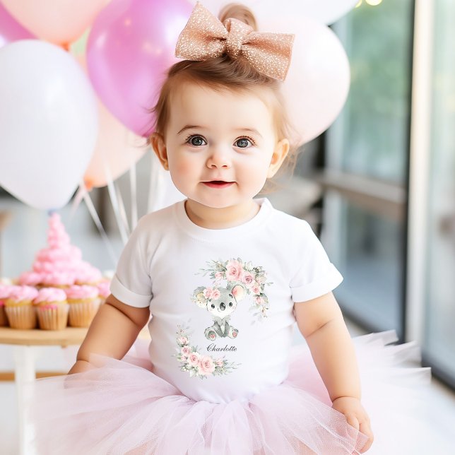 T-shirt Pour Bébé Cute Koala Rose Sage Floral Vert Anniversaire (Créateur téléchargé)