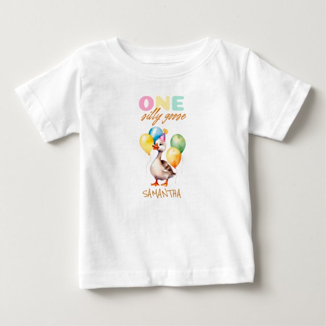 T-shirt Pour Bébé Cute One Silly Goose Girl Pink 1er anniversaire (Devant)