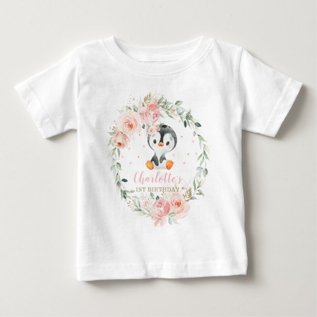 T-shirt Pour Bébé Cute Penguin Blush Floral 1er Anniversaire (Devant)