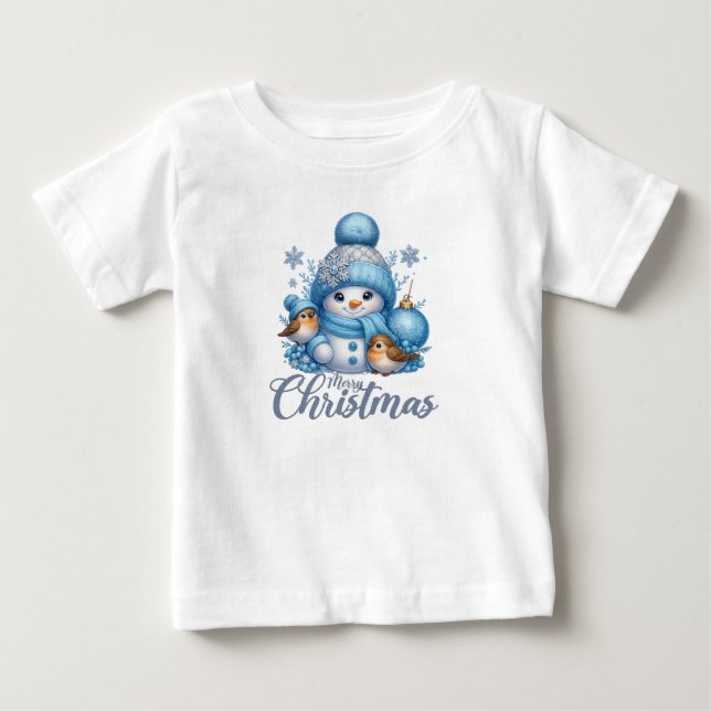 T-shirt Pour Bébé Cute Snowman and Winter Birds Christmas  (Devant)