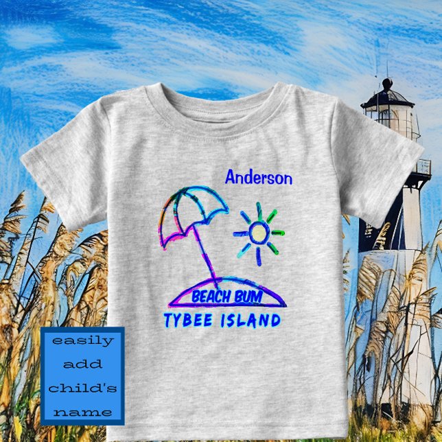 T-shirt Pour Bébé Cute Tybee Island GA Finger Paint Beach Parapluie (TYBEE Beach Bum with name. Adorable fun vacation souvenir.)