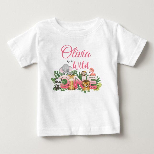 T-shirt Pour Bébé Cute Wild Un 1er anniversaire Safari Jungle Girl (Devant)