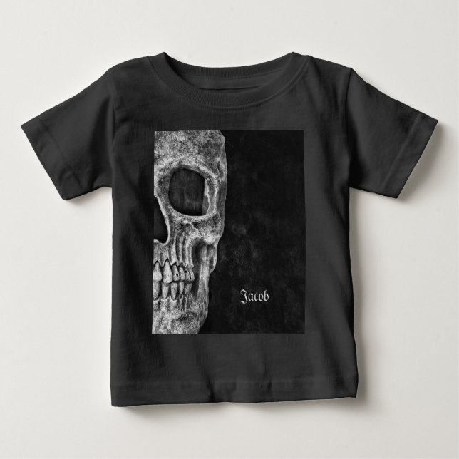 T-shirt Pour Bébé Demi-Crâne gothique Grunge Cool noir et blanc (Devant)